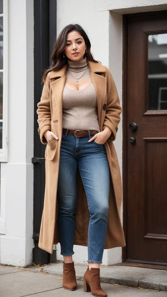 a woman padded different bra and saree, heading in or out the door,,big cheeks, curvy, hourglass figure, swooping breasts, deep cleavage, open arms, sexy armpits,big penis, nipples, ass, necklace, (cinematic:1.3),a woman wearing a brown teddy coat, white turtleneck sweater and jeans, light brown coat, coat, outfit photograph, wearing hunter coat, wearing a brown, wearing a long beige trench coat, outfit-of-the-day, brown tuffle coat, wearing a brown leather coat, outfit photo, wearing a fisher 🧥, wearing a long coat, winter vibes, brown sweater, relaxed style, cosy vibes, warm color clothes, wearing a duster coat, casual outfit, full body portrait shot,