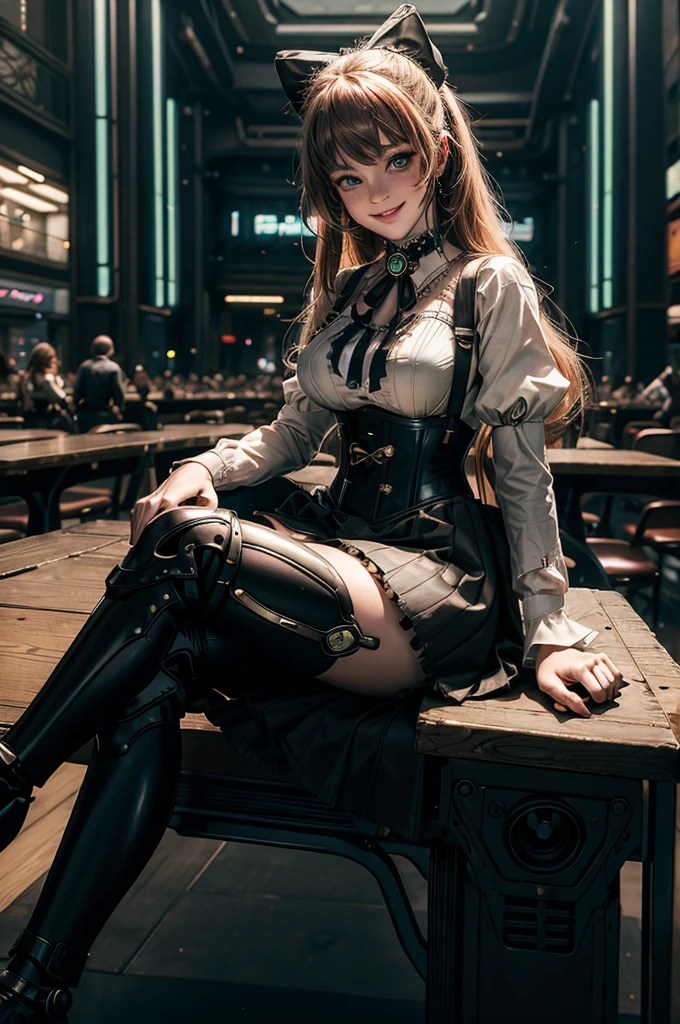 1girl, solo, cowboy shot, smile, underbust, Penny Polendina, long hair, neck ribbon, suspender skirt, corset, black bow, white blouse, mechanical legs, neon trim, indoors, sitting at table, in cyberpunk library, crowd, (crowd wearing cyberpunk fashion)
