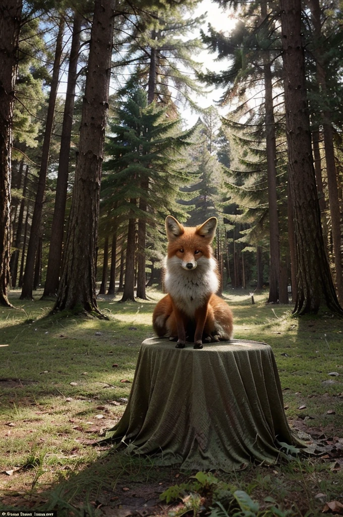 Generate a vintage-style illustration of a serene forest scene divided into vertical sections, each with a slightly different background texture to create a worn, rustic look. The image should feature tall, dark evergreen trees in a staggered pattern, with a textured appearance to give a weathered effect. The background should be a muted, off-white color. In the upper right corner, include a bright, orange-red sun, partially obscured by the trees. At the bottom of the image, place a small, detailed fox sitting calmly and looking towards the viewer. Ensure the overall style evokes tranquility and nostalgia, with a focus on the distressed texture and division into vertical sections.