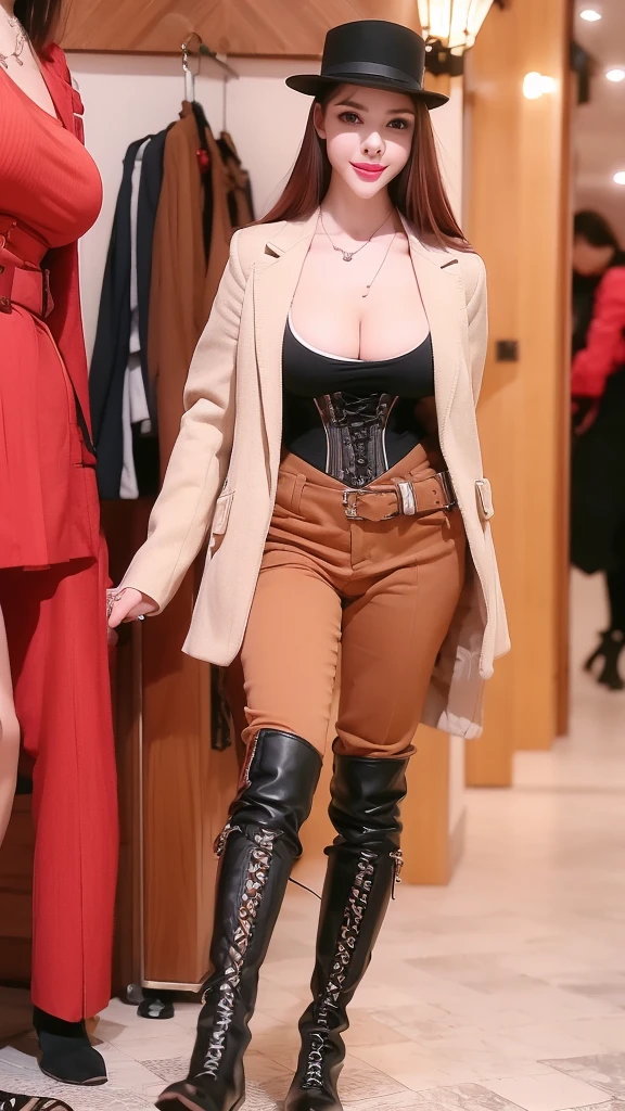 1girl, solo, steampunk, boots, hat, goggles_on_headwear, goggles, gloves, jewelry, necklace, blurry_background, blurry, looking_at_viewer, belt, red_hair, full_body, pants, ground_vehicle, knee_boots, fingerless_gloves, walking, black_footwear, long_hair, breasts, cross-laced_footwear, standing, realistic, lace-up_boots, outdoors, jacket, red_pants, cleavage, top_hat, corset, black_gloves