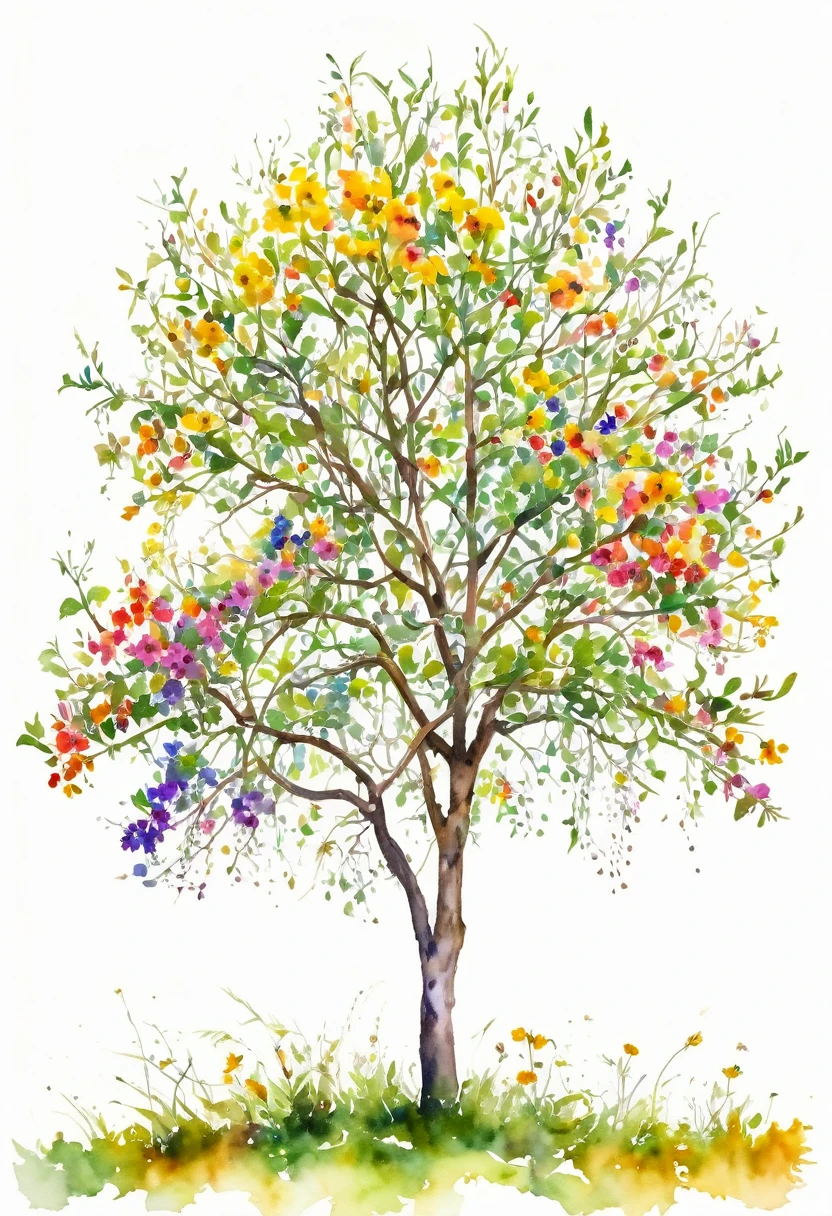 watercolor of a wildflower tree unique beautifull image vivid colors white background