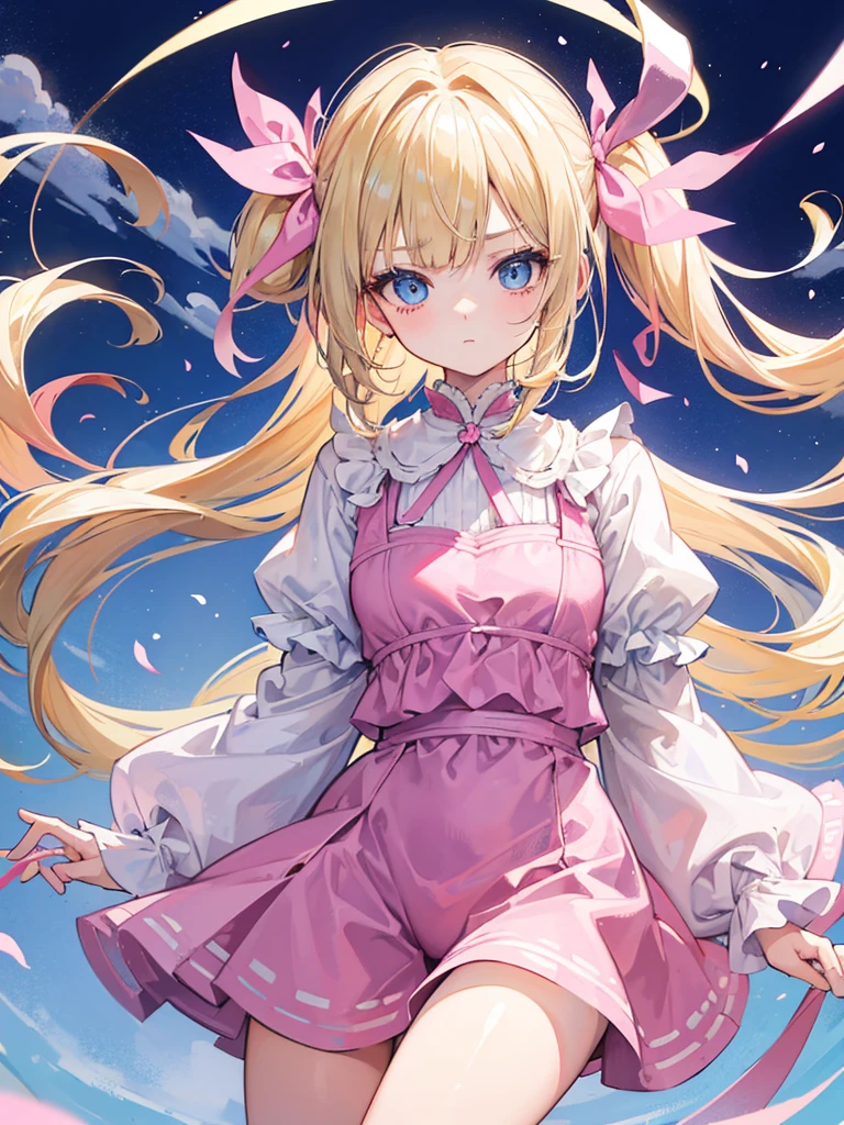 A young girl with dull blonde hair, hairstyle in two low pigtails adorned with faded pink ribbons. Her blue eyes, although once resplendent, now they reflect a deep melancholy and sadness. Designed in the style of Dragon Ball Z, She wears a pink jumpsuit dress that, although nice, It doesn&#39;t seem to bring him joy.. Wear a pink hat as an accessory, slightly twisted, adding a touch of carelessness to your appearance. The scene takes place in his room, a small, dark space, with curtains that barely let in the daylight. The walls are bare and gray, with just a couple of old and torn posters. The bed is unmade, with wrinkled bedspreads and scattered pillows. The girl is sitting on the floor, huddled against a wall, holding her white cat with green eyes in her arms. The cat, in contrast to the sadness of the environment, seems to be your only consolation, looking at her with eyes full of understanding and affection. The scene should capture the iconic style of the anime, but with a focus on the depressing atmosphere and the emotional connection between the girl and her cat.