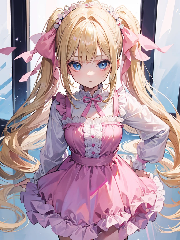 A young girl with dull blonde hair, hairstyle in two low pigtails adorned with faded pink ribbons. Her blue eyes, although once resplendent, now they reflect a deep melancholy and sadness. Designed in the style of Dragon Ball Z, She wears a pink jumpsuit dress that, although nice, It doesn&#39;t seem to bring him joy.. Wear a pink hat as an accessory, slightly twisted, adding a touch of carelessness to your appearance. The scene takes place in his room, a small, dark space, with curtains that barely let in the daylight. The walls are bare and gray, with just a couple of old and torn posters. The bed is unmade, with wrinkled bedspreads and scattered pillows. The girl is sitting on the floor, huddled against a wall, holding her white cat with green eyes in her arms. The cat, in contrast to the sadness of the environment, seems to be your only consolation, looking at her with eyes full of understanding and affection. The scene should capture the iconic style of the anime, but with a focus on the depressing atmosphere and the emotional connection between the girl and her cat.