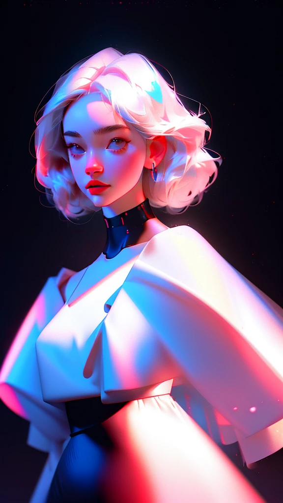 hyper-realistic illustration of the highest quality, The perfect masterpiece, perfect work of art, 8k, (Upper body portrait: 1.5), (((Viewed from the front: 1.2))), close-up lens, delicate face , white-haired woman,(hakuhatsu:1.3),long hair,raising arms(black background:1.3),dancer pose,bare chest dress,white dress,pearl illusion,cyberpunk,fashion trend,3s material, high definition,detailed rendering,c4d,3d,octane rendering,ray tracing,complex details,neon lights,animated lighting,OCRenderer,8k