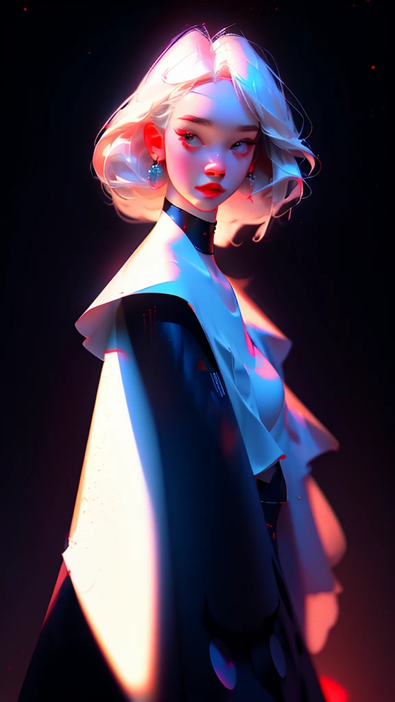 hyper-realistic illustration of the highest quality, The perfect masterpiece, perfect work of art, 8k, (Upper body portrait: 1.5), (((Viewed from the front: 1.2))), close-up lens, delicate face , white-haired woman,(hakuhatsu:1.3),long hair,raising arms(black background:1.3),dancer pose,bare chest dress,white dress,pearl illusion,cyberpunk,fashion trend,3s material, high definition,detailed rendering,c4d,3d,octane rendering,ray tracing,complex details,neon lights,animated lighting,OCRenderer,8k