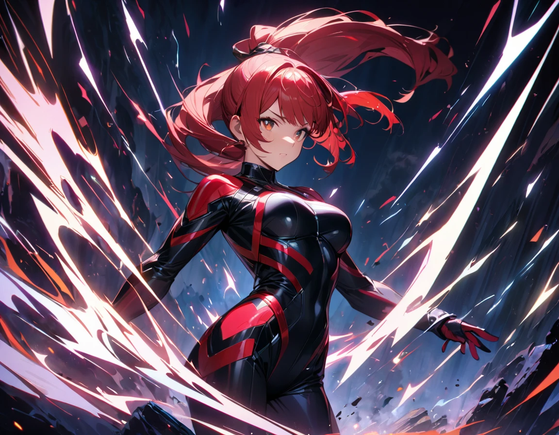 1 woman, Create an image of a dynamic character. This character has long hair tied into a ponytail and wears a tight-fitting superhero costume with sharp design elements and a lightning bolt effect surrounding his body. The background is dark with streaks of light highlighting the action and energy of the scene, ((Masterpiece)), ((Best Quality)), (Very Detailed), ((Very Detailed)), 4K, (8K), very aesthetic, absurdres highres,