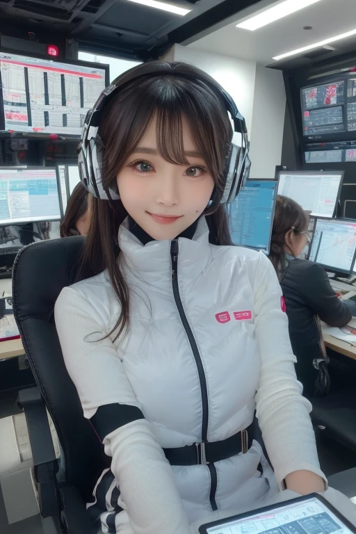 masterpiece, Highest quality, Very detailed, 8K Portrait,Japanese Android Girl,plump , Control panel,Robotic arms and legs, Blunt bangs,,break (Metallic Gray, Metallic luster, Mirror finish, Astro Best):5,headphone:5,break (Black sleeves):100,Smart Watches,Futuristic space station,Control Room,break headphone,blue eyes,(Black Hair):2,(Long Hair):1.3,Displaying the viewer,(respirator),break blush:3,Hidden Hand,smile