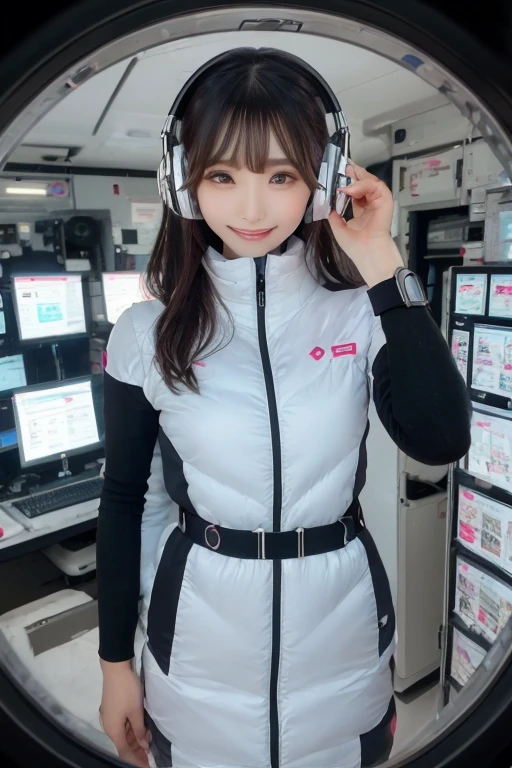 masterpiece, Highest quality, Very detailed, 8K Portrait,Japanese Android Girl,plump , Control panel,Robotic arms and legs, Blunt bangs,,break (Metallic Gray, Metallic luster, Mirror finish, Astro Best):5,headphone:5,break (Black sleeves):100,Smart Watches,Futuristic space station,Control Room,break headphone,blue eyes,(Black Hair):2,(Long Hair):1.3,Displaying the viewer,(respirator),break blush:3,Hidden Hand,smile