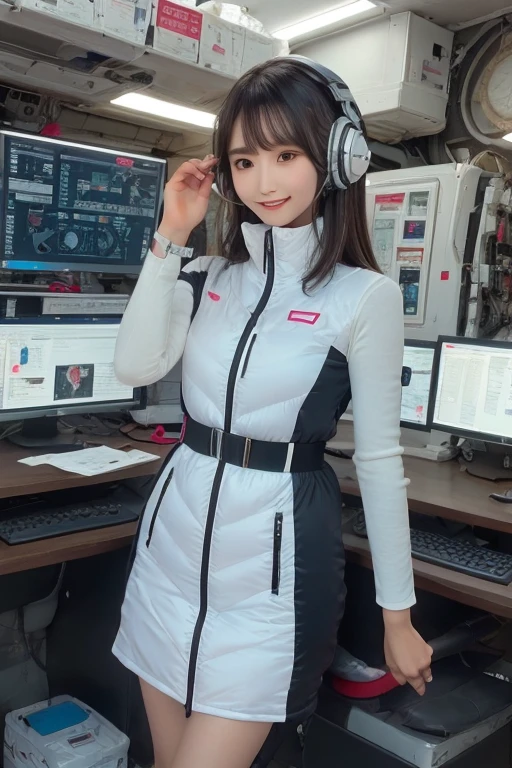 masterpiece, Highest quality, Very detailed, 8K Portrait,Japanese Android Girl,plump , Control panel,Robotic arms and legs, Blunt bangs,,break (Metallic Gray, Metallic luster, Mirror finish, Astro Best):5,headphone:5,break (Black sleeves):100,Smart Watches,Futuristic space station,Control Room,break headphone,blue eyes,(Black Hair):2,(Long Hair):1.3,Displaying the viewer,(respirator),break blush:3,Hidden Hand,smile