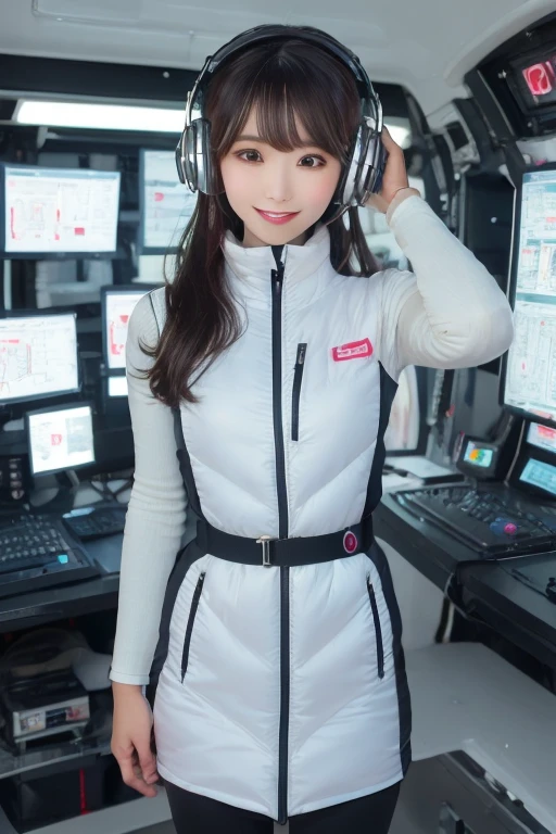 masterpiece, Highest quality, Very detailed, 8K Portrait,Japanese Android Girl,plump , Control panel,Robotic arms and legs, Blunt bangs,,break (Metallic Gray, Metallic luster, Mirror finish, Astro Best):5,headphone:5,break (Black sleeves):100,Smart Watches,Futuristic space station,Control Room,break headphone,blue eyes,(Black Hair):2,(Long Hair):1.3,Displaying the viewer,(respirator),break blush:3,Hidden Hand,smile