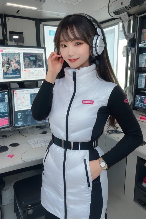 masterpiece, Highest quality, Very detailed, 8K Portrait,Japanese Android Girl,plump , Control panel,Robotic arms and legs, Blunt bangs,,break (Metallic Gray, Metallic luster, Mirror finish, Astro Best):5,headphone:5,break (Black sleeves):100,Smart Watches,Futuristic space station,Control Room,break headphone,blue eyes,(Black Hair):2,(Long Hair):1.3,Displaying the viewer,(respirator),break blush:3,Hidden Hand,smile