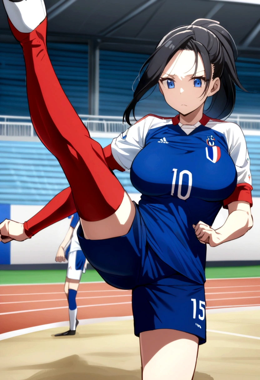 (anime ,2D) a female soccer player of average height ,clear skin,thin face ,blue eyes,black hair with white highlights ,fringe,waist length ,collected in a ponytail,Skinny body,big breasts,small waist, France national team uniform, on a court ,kicking a ball with a super technique.