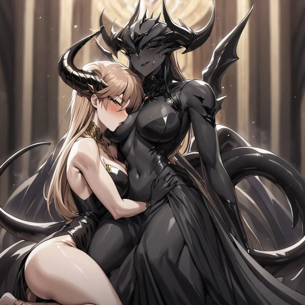 ((Highest quality)), ((masterpiece)), (detailed), (Perfect Face)、The woman is a dark-skinned devil、The woman is a jet-black female demon with magnificent demon horns and a jet-black tail, her skin is the same black as the Demon King, she is wearing a provocative and luxurious jet-black dress of the Demon Queen, her name is Princess Leona, and she has medium-long light brown hair.、The woman is embracing her beloved husband, the powerful demon king, and kissing him passionately while having sex.、The strong demon king is having sex with his wife, the demon queen Leona, while kissing her in front of a gorgeous demon altar.