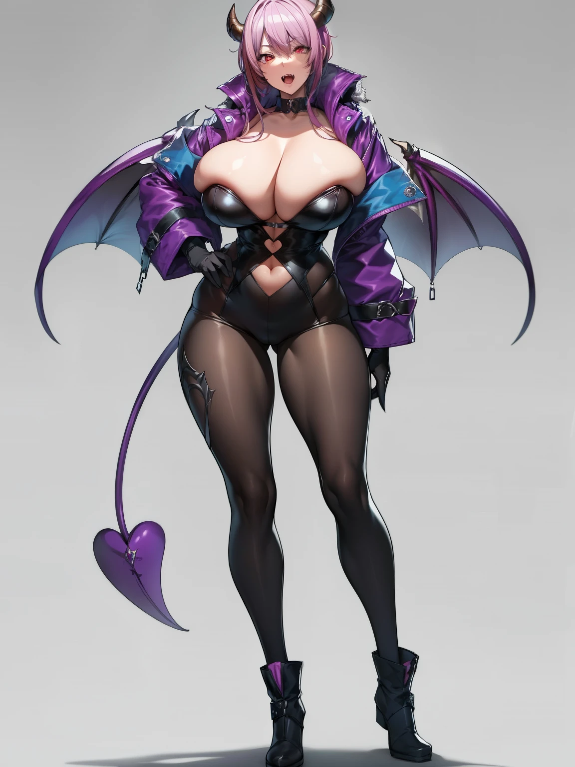 Demon  woman, slim body, huge breang legs, pink hair, red eyes, horns, fangs, baggy clothes, high boots, gloves, 8k, hd, masterpiece, full body, white background, character sketch 