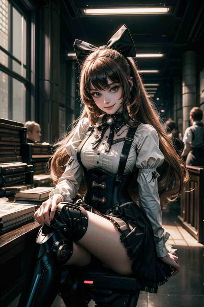 1girl, solo, cowboy shot,  smile,  underbust, Penny Polendina, long hair, neck ribbon, suspender skirt, corset, black bow, white blouse, mechanical legs, neon trim, indoors, sitting at table, in cyberpunk library, crowd, (crowd wearing cyberpunk fashion)

