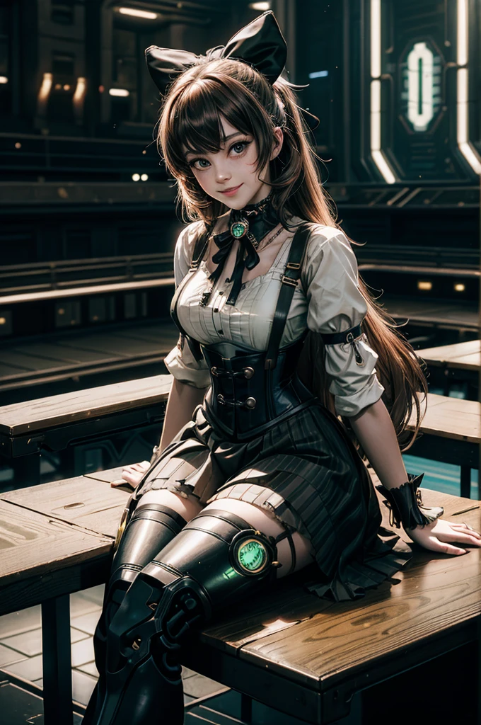 1girl, solo, cowboy shot, smile, underbust, Penny Polendina, long hair, neck ribbon, suspender skirt, corset, black bow, white blouse, mechanical legs, neon trim, indoors, sitting at table, in cyberpunk library, crowd, (crowd wearing cyberpunk fashion)
