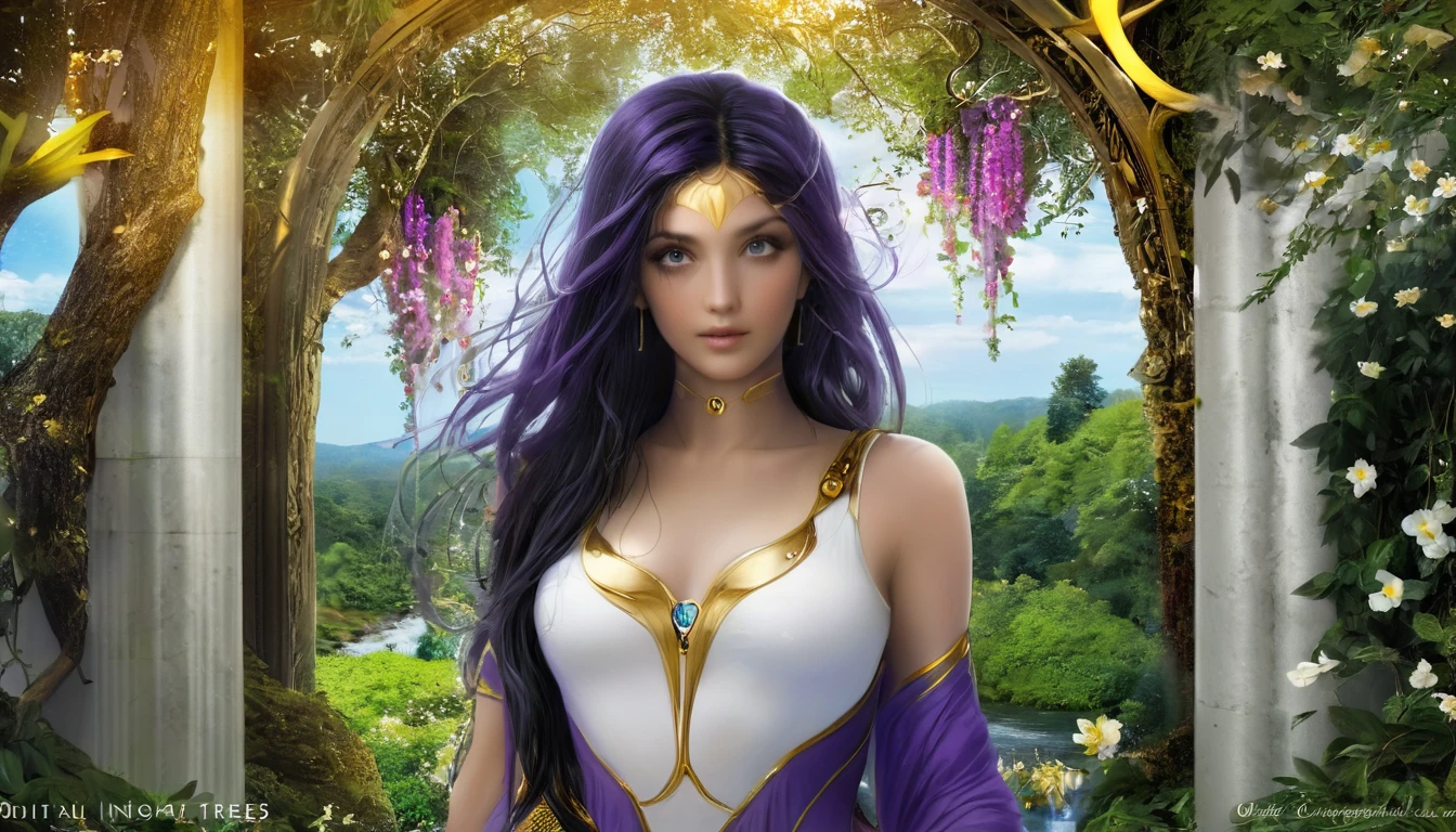 hdr digital image, 8k, most beautiful image in the world, tall trees a large and deep river, surrounded by tall trees, colorful flowers, ivory columns with gold, a passage to another world, a beautiful young Italian woman, black eyes, 30 years old , cute, long purple hair, near the portal, undergrowth,