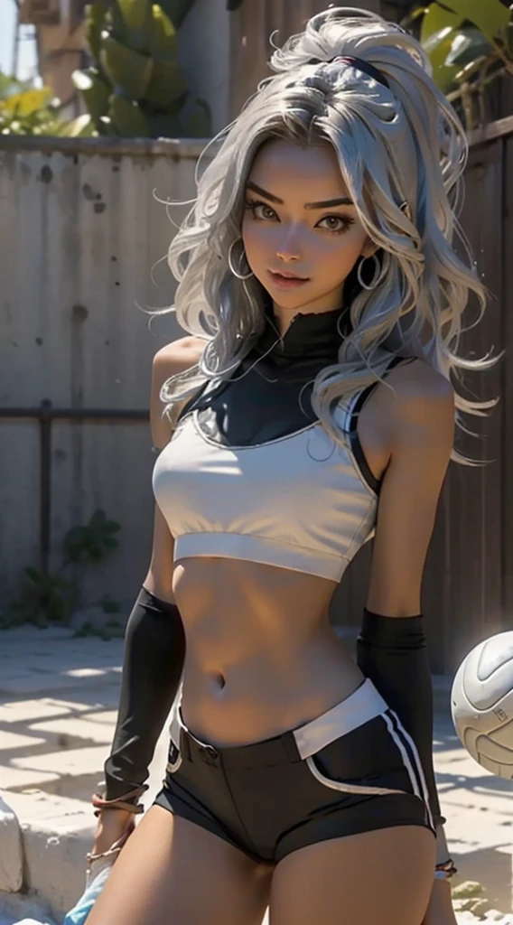 redo this image so that she has (long flowing, lustrous and voluminous, shiny, silver hair), she is standing up in a sexy pose, she has two anatomically correct legs and two arms with 2 hands and 2 feet, quality limbs, perfect anatomy, wearing a (string (low cut):1.4 crop-top), and girls micro volleyball shorts, ensure that she is anatomically correct, in every way, repeat the prompt until she is perfect, repeat steps until she is flawless, natural beauty, natural beauty, 8k