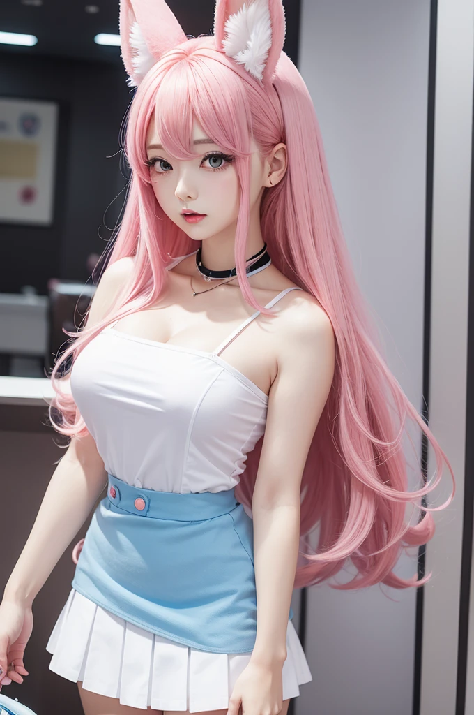 Cartoon anime female character big pink hair at the ends blue rabbit ears eyes blue shirt with a white chest neckline and a white skirt