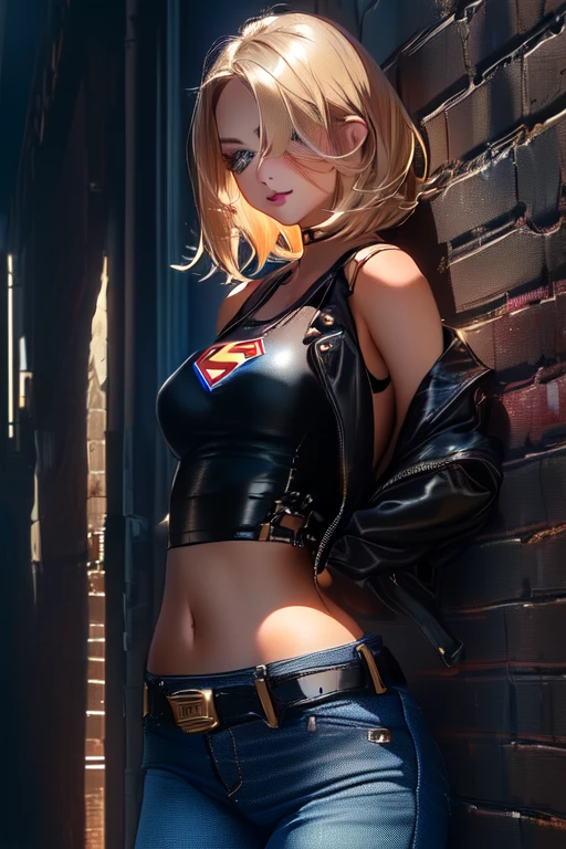 Supergirl, ((tanned young woman, (blonde, blue colored eyes, short hair covering one eye, tanned skin with panty lines, perfectbody, perky breasts, hardnipples), red lipgloss stick, (black leather jacket, with small Superman symbol on the shoulder, tight blue tank top with small Superman symbol on the left side of the chest, exposed abdomen, black leather belt, low waist jeans, Vemeho sneakers), Masterpiece artwork, high qualiy, back-illuminated)) natural lighting, high qualiy, Masterpiece artwork, blonde hair, hair over one eye, sparkling eyes, sparkling eyes, seductive smile, Hyperrealism, image fill, from below, lens flare, 8K, accurate, uhd, anatomically correct, textured skin, super detail, 8K