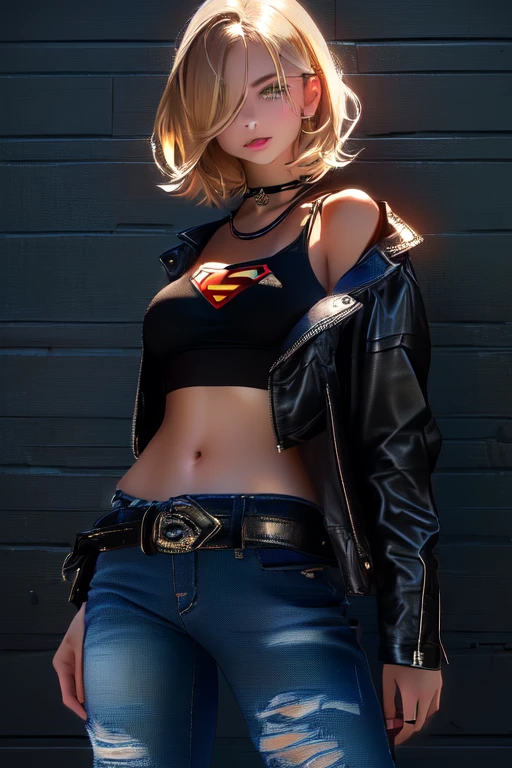 Supergirl, ((tanned young woman, (blonde, blue colored eyes, short hair covering one eye, tanned skin with panty lines, perfectbody, perky breasts, hardnipples), red lipgloss stick, (black leather jacket, with small Superman symbol on the shoulder, tight blue tank top with small Superman symbol on the left side of the chest, exposed abdomen, black leather belt, low waist jeans, Vemeho sneakers), Masterpiece artwork, high qualiy, back-illuminated)) natural lighting, high qualiy, Masterpiece artwork, blonde hair, hair over one eye, sparkling eyes, sparkling eyes, seductive smile, Hyperrealism, image fill, from below, lens flare, 8K, accurate, uhd, anatomically correct, textured skin, super detail, 8K