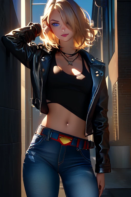 Supergirl, ((tanned young woman, (blonde, blue colored eyes, short hair covering one eye, tanned skin with panty lines, perfectbody, perky breasts, hardnipples), red lipgloss stick, (black leather jacket, with small Superman symbol on the shoulder, tight blue tank top with small Superman symbol on the left side of the chest, exposed abdomen, black leather belt, low waist jeans, Vemeho sneakers), Masterpiece artwork, high qualiy, back-illuminated)) natural lighting, high qualiy, Masterpiece artwork, blonde hair, hair over one eye, sparkling eyes, sparkling eyes, seductive smile, Hyperrealism, image fill, from below, lens flare, 8K, accurate, uhd, anatomically correct, textured skin, super detail, 8K