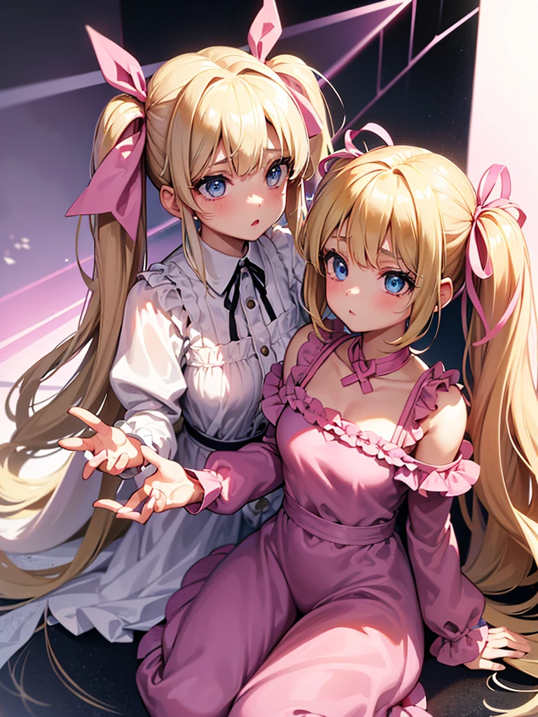 A young girl with dull blonde hair, hairstyle in two low pigtails adorned with faded pink ribbons. Her blue eyes, although once resplendent, now they reflect a deep melancholy and sadness. Designed in the style of Dragon Ball Z, She wears a pink jumpsuit dress that, although nice, It doesn&#39;t seem to bring him joy.. Wear a pink hat as an accessory, slightly twisted, adding a touch of carelessness to your appearance. The scene takes place in his room, a small, dark space, with curtains that barely let in the daylight. The walls are bare and gray, with just a couple of old and torn posters. The bed is unmade, with wrinkled bedspreads and scattered pillows. The girl is sitting on the floor, huddled against a wall, holding her white cat with green eyes in her arms. The cat, in contrast to the sadness of the environment, seems to be your only consolation, looking at her with eyes full of understanding and affection. The scene should capture the iconic style of the anime, but with a focus on the depressing atmosphere and the emotional connection between the girl and her cat.