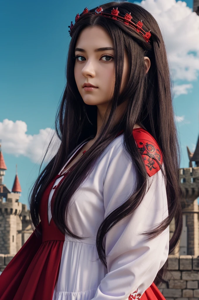 anime screenshot, girl with medium long hair, smooth and white, with violet eyes. Wear a red dress with small black decorations. He has a red and black crown on his head.. Zoom out shot with castle and dragons background.