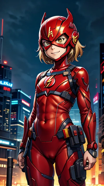 (8k),(masterpiece),(Japanese),(***************),((innocent look)),((Childish)),From the front,smile,cute,Innocent,Kind eyes,Flat chest,Hairless vagina, Cameltoe,Red Superhero Helmet,Red Superhero Mask,The Flash Costume,Short,Hair covered by helmet,Blonde Hair,Strong wind,night,dark, Neon light cyberpunk city