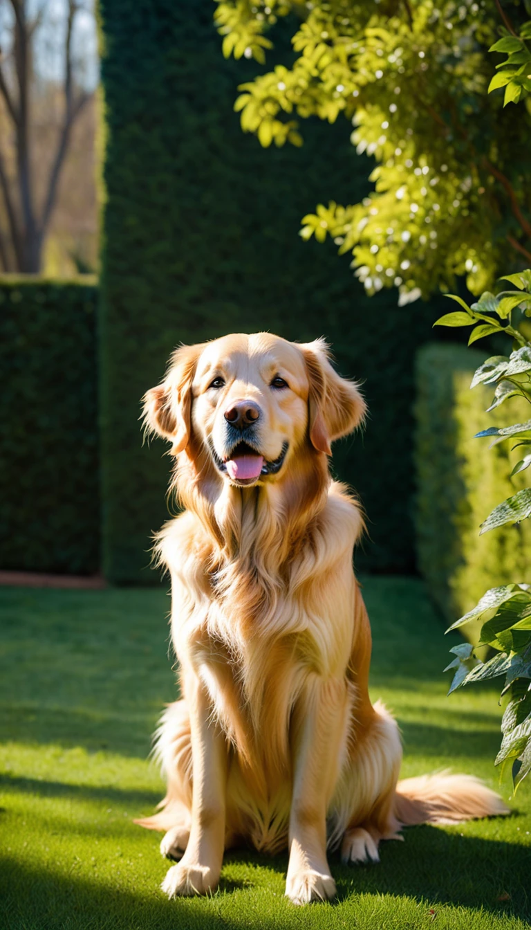 There is no one, realistic photo, photo realism, realism, Golden Retriever (Golden Retriever), perfect composition, intricate details, Very sharp, masterpiece, profile, high resolution, looking at the viewer, Full body photo in garden background