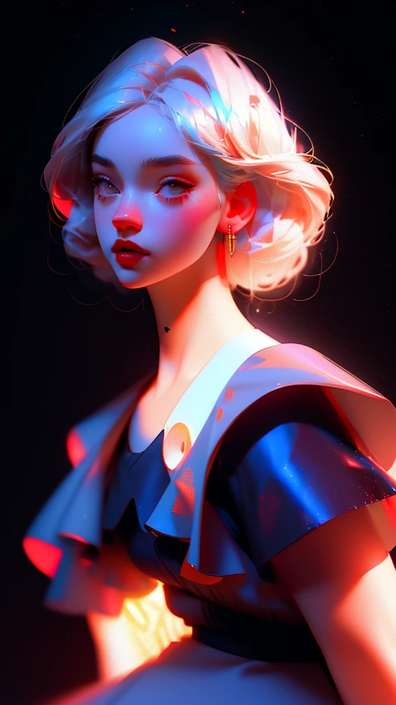 hyper-realistic illustration of the highest quality, The perfect masterpiece, perfect work of art, 8k, (Upper body portrait: 1.5), (((Viewed from the front: 1.2))), close-up lens, delicate face , white-haired woman, (hakuhatsu: 1.3), long hair, raising arms, (black background: 1.3), dancer pose, bare chest dress, red dress with gold, pearl illusion, cyberpunk, fashion trend, 3s material,high definition,detailed rendering,c4d,3d,octane rendering,ray tracing,complex details,neon lights,animated lighting,OCRenderer,8k,