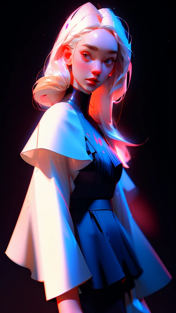 hyper-realistic illustration of the highest quality, The perfect masterpiece, perfect work of art, 8k, (Upper body portrait: 1.5), (((Viewed from the front: 1.2))), close-up lens, delicate face , white-haired woman, (hakuhatsu: 1.3), long hair, raising arms, (black background: 1.3), dancer pose, bare chest dress, red dress with gold, pearl illusion, cyberpunk, fashion trend, 3s material,high definition,detailed rendering,c4d,3d,octane rendering,ray tracing,complex details,neon lights,animated lighting,OCRenderer,8k,