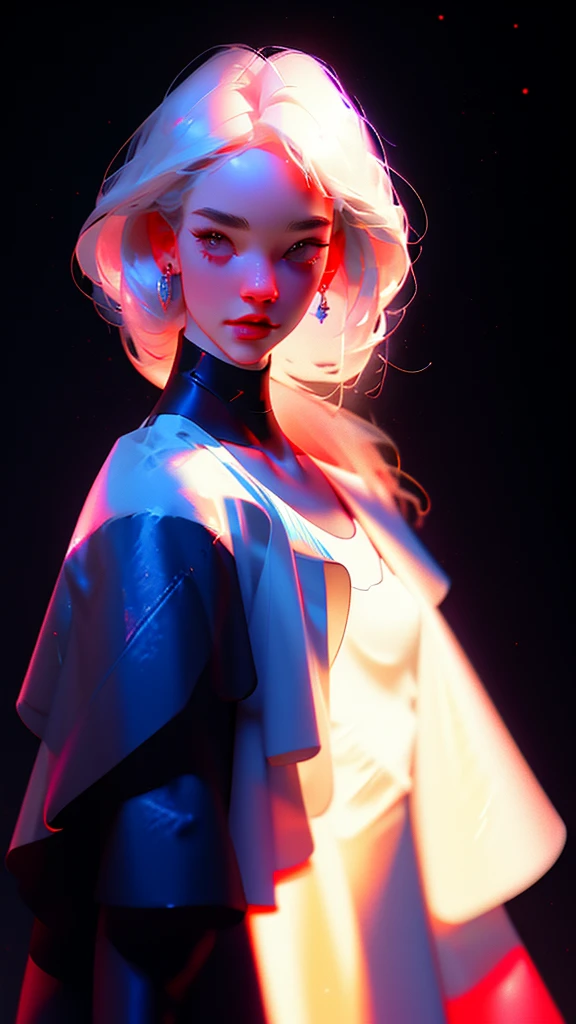 hyper-realistic illustration of the highest quality, The perfect masterpiece, perfect work of art, 8k, (Upper body portrait: 1.5), (((Viewed from the front: 1.2))), close-up lens, delicate face , white-haired woman, (hakuhatsu: 1.3), long hair, raising arms, (black background: 1.3), dancer pose, bare chest dress, red dress with gold, pearl illusion, cyberpunk, fashion trend, 3s material,high definition,detailed rendering,c4d,3d,octane rendering,ray tracing,complex details,neon lights,animated lighting,OCRenderer,8k,