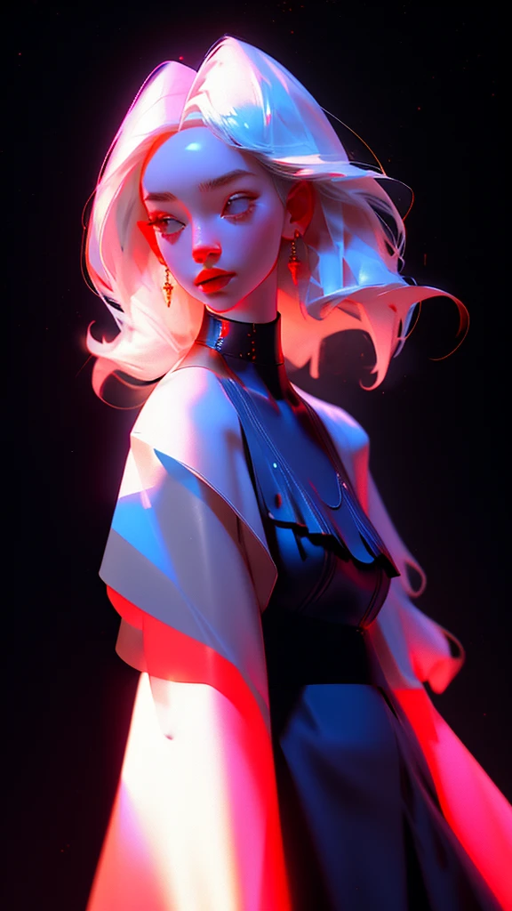 hyper-realistic illustration of the highest quality, The perfect masterpiece, perfect work of art, 8k, (Upper body portrait: 1.5), (((Viewed from the front: 1.2))), close-up lens, delicate face , white-haired woman, (hakuhatsu: 1.3), long hair, raising arms, (black background: 1.3), dancer pose, bare chest dress, red dress with gold, pearl illusion, cyberpunk, fashion trend, 3s material,high definition,detailed rendering,c4d,3d,octane rendering,ray tracing,complex details,neon lights,animated lighting,OCRenderer,8k,