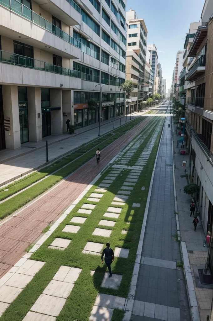 creates an image of an urban corridor with green areas, wheelchair ramps, people walking on them in mexican city in the afternoon