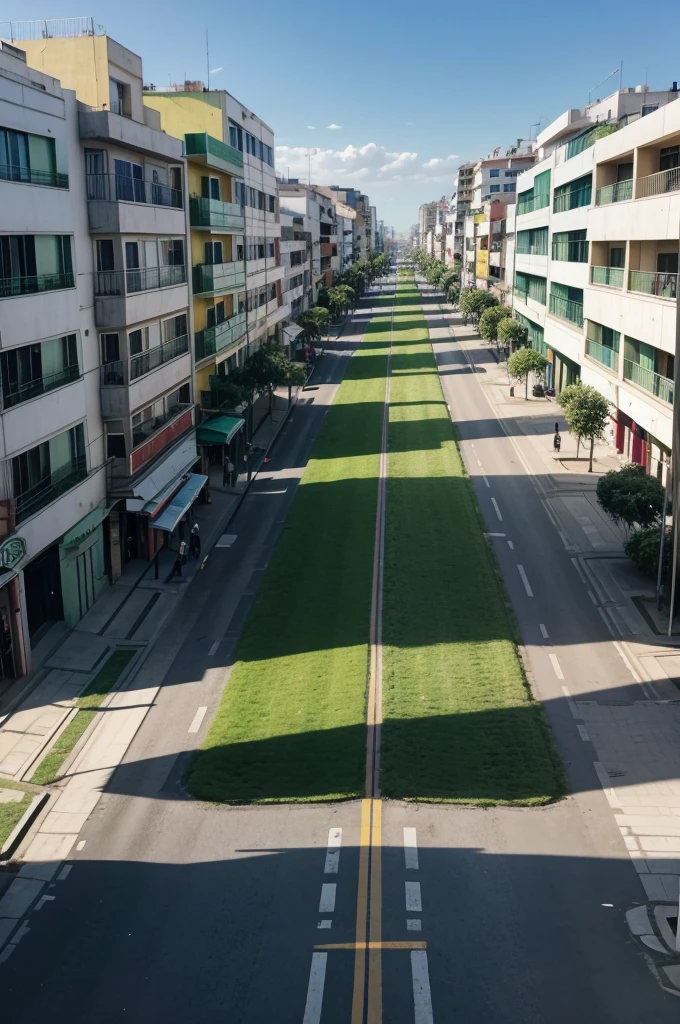 creates an image of an urban corridor with green areas, wheelchair ramps, people walking on them in mexican city in the afternoon