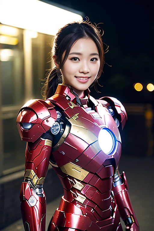 (a gorgeous lady, wearing the Iron Man MK 7 Suit, md mecha, natural pose under night sky, dimpled smile, short ponytail, cute snaggleooth, beautiful detailed eyes, photorealistic, hyper-realism, high contrast, ultra HD, realistic skin textures, top image quality, top-quality, super high resolution, fine details, very meticulously, the Cowboy shot, bokeh background)