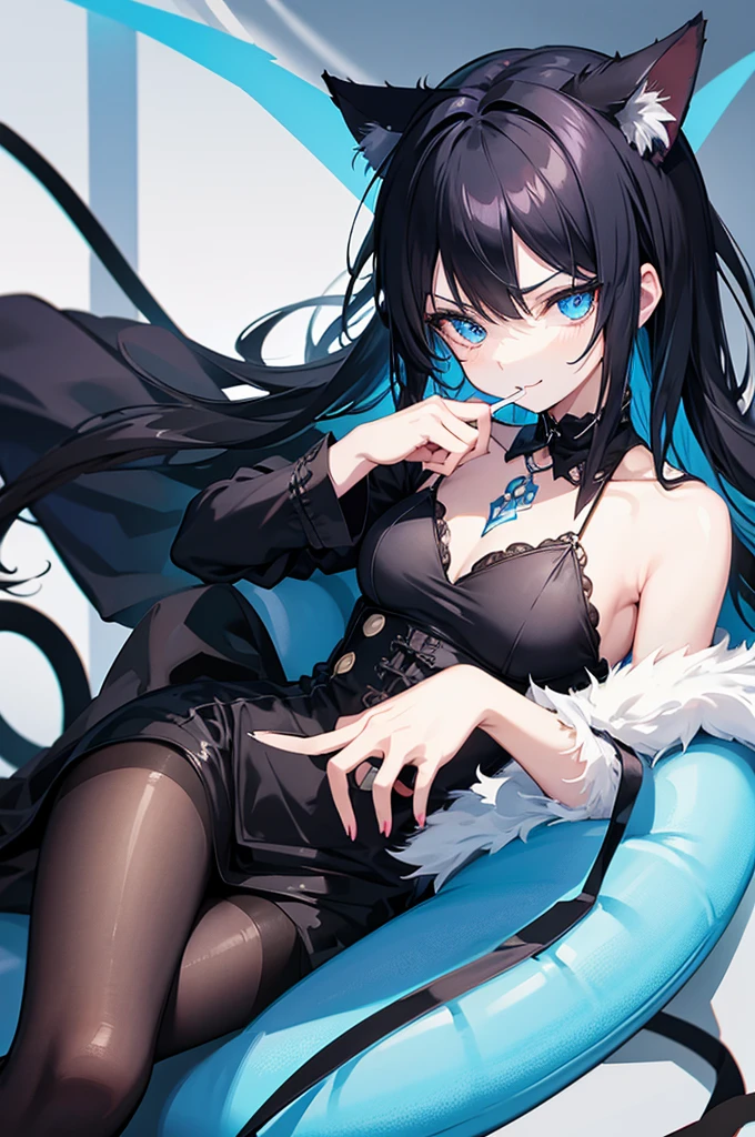 anime girl vtuber black hair blue eyes, on a blue bed with gothic clothing cat ears smiling angry, with a cigarette in his hands