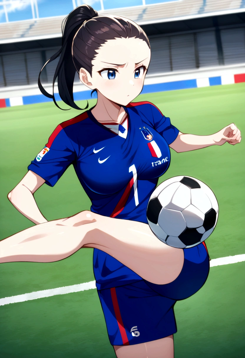 (anime ,2D) a female soccer player of average height ,clear skin,thin face ,blue eyes,black hair with white highlights ,fringe,waist length ,collected in a ponytail,Skinny body,big breasts,small waist, France national team uniform, In a soccer field ,kicking a ball with a super technique.