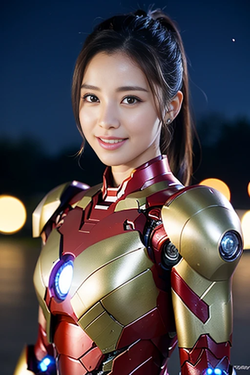 (a gorgeous lady, wearing the Iron Man MK 7 Suit, md mecha, natural pose under night sky, dimpled smile, short ponytail, cute snaggleooth, beautiful detailed eyes, photorealistic, hyper-realism, high contrast, ultra HD, realistic skin textures, top image quality, top-quality, super high resolution, fine details, very meticulously, the Cowboy shot, bokeh background)