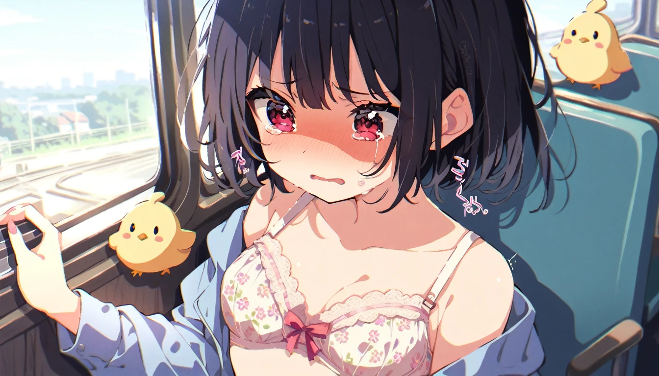 A girl with short black hair and small breasts wearing only a chick skirt and a floral bra on a train is crying in disgust as a molester touches her breasts over her floral bra.