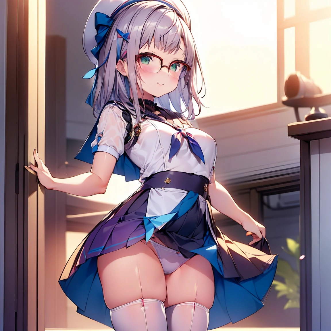 8K、masterpiece、Japanese、Woman wearing glasses、Neon(nod)、from the front、smile、Childish、Small breasts、See-through underwear、night、Bedroom、Show your underwear、mini skirt