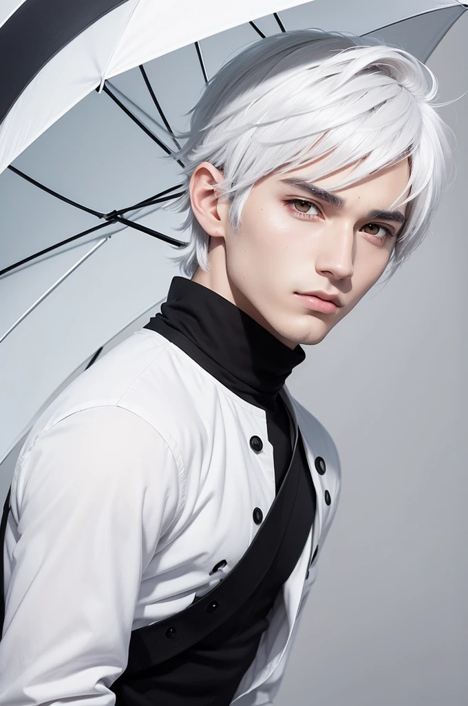 1 character, 2d masculino, anime style art, white clothes with black details, White hair, shorth hair, shorth hair de garota, girly face, scar on the face, white umbrella, stylish umbrella, simple art, no realism, Simple sketch, 2 poses