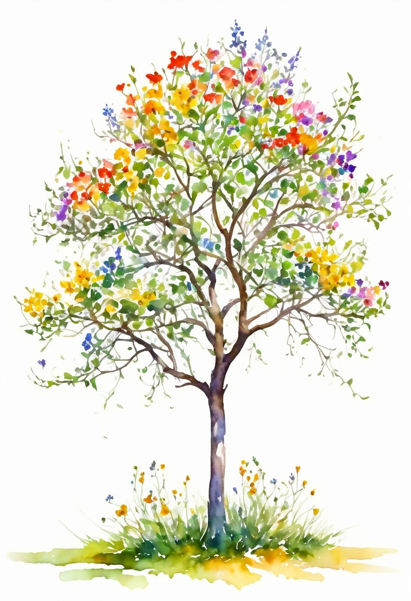 watercolor of a wildflower tree unique beautifull image vivid colors white background