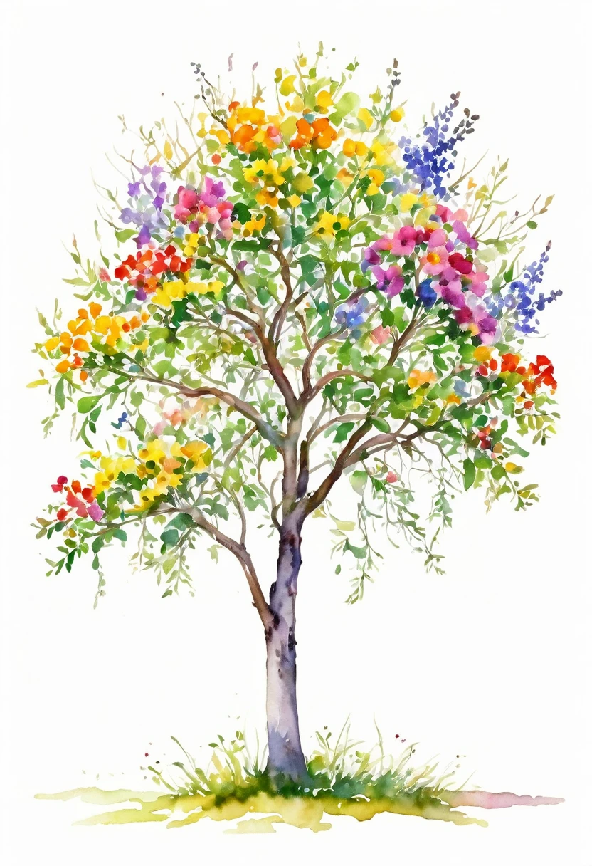 watercolor of a wildflower tree unique beautifull image vivid colors white background