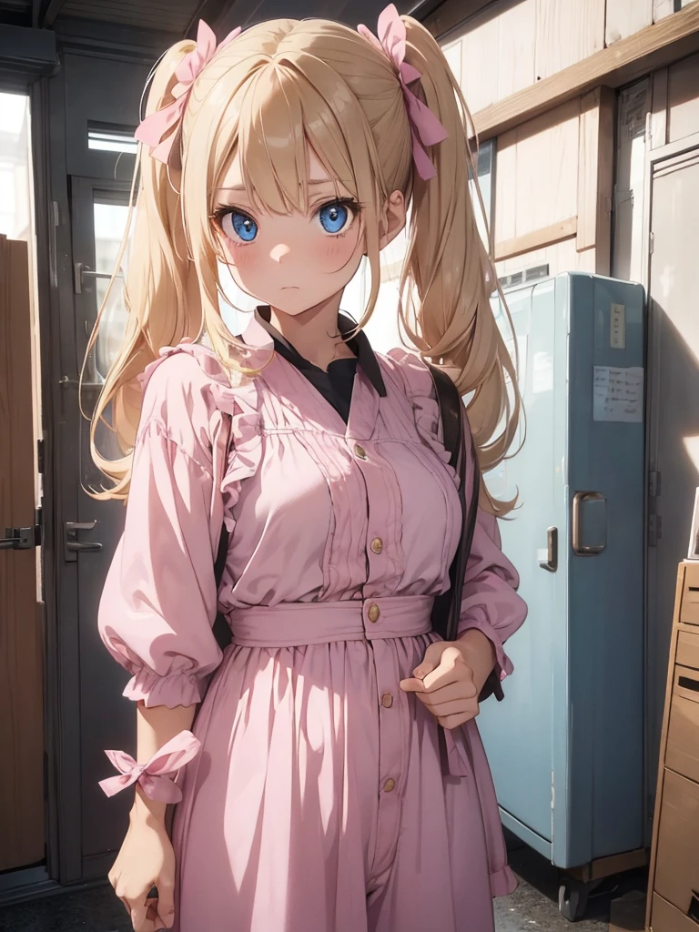 An adult girl with dull blonde hair, hairstyle in two low pigtails adorned with faded pink ribbons. Her blue eyes, although once resplendent, now they reflect a deep melancholy and sadness. Designed in the style of Dragon Ball Z, She wears a pink jumpsuit dress that, although nice, It doesn't seem to bring him joy.. Wear a pink hat as an accessory, slightly twisted, adding a touch of carelessness to your appearance. The scene takes place in his room, a small, dark space, with curtains that barely let in the daylight. The walls are bare and gray, with just a couple of old and torn posters. The bed is unmade, with wrinkled bedspreads and scattered pillows. The girl is sitting on the floor, huddled against a wall, holding her white cat with green eyes in her arms. The cat, in contrast to the sadness of the environment, seems to be your only consolation, looking at her with eyes full of understanding and affection. The scene should capture the iconic style of the anime, but with a focus on the depressing atmosphere and the emotional connection between the girl and her cat.