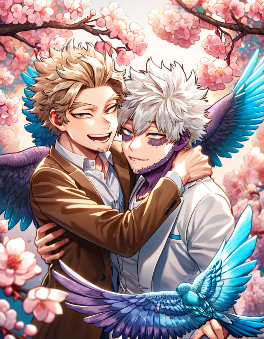absurdres, highres, ultra detailed, HDR, master piece, best quality, extremely detailed face, delicated features, Hawks, ash blond hair, expressive brown eyes, Boku No Hero Academia, Dabi, white hair, expressive turquoise eyes, two sexy men hugging, yaoi, gay couple, handsome, smiling, brown jacket, white coat, fantasy, radiant, starry, blue fire, blossoms, pink flowers