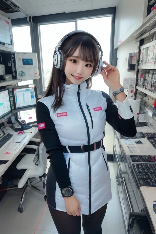 masterpiece, Highest quality, Very detailed, 8K Portrait,Japanese Android Girl,plump , Control panel,Robotic arms and legs, Blunt bangs,,break (Metallic Gray, Metallic luster, Mirror finish, Astro Best):5,headphone:5,break (Black sleeves):100,Smart Watches,Futuristic space station,Control Room,break headphone,blue eyes,(Black Hair):2,(Long Hair):1.3,Displaying the viewer,(respirator),break blush:3,Hidden Hand,smile