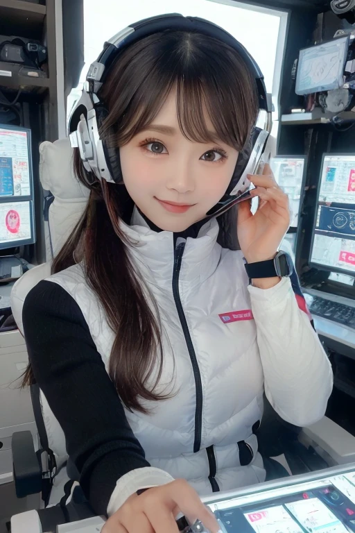 masterpiece, Highest quality, Very detailed, 8K Portrait,Japanese Android Girl,plump , Control panel,Robotic arms and legs, Blunt bangs,,break (Metallic Gray, Metallic luster, Mirror finish, Astro Best):5,headphone:5,break (Black sleeves):100,Smart Watches,Futuristic space station,Control Room,break headphone,blue eyes,(Black Hair):2,(Long Hair):1.3,Displaying the viewer,(respirator),break blush:3,Hidden Hand,smile