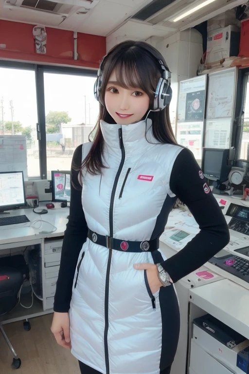 masterpiece, Highest quality, Very detailed, 8K Portrait,Japanese Android Girl,plump , Control panel,Robotic arms and legs, Blunt bangs,,break (Metallic Gray, Metallic luster, Mirror finish, Astro Best):5,headphone:5,break (Black sleeves):100,Smart Watches,Futuristic space station,Control Room,break headphone,blue eyes,(Black Hair):2,(Long Hair):1.3,Displaying the viewer,(respirator),break blush:3,Hidden Hand,smile